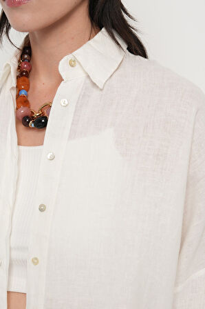 KADIN %100 KETEN YARASA KOL DÜZ OVERSİZE GÖMLEK