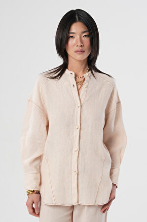 KADIN %100 KETEN HAKİM YAKA İP DETAYLI GÖMLEK