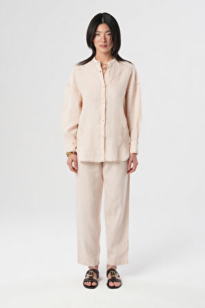 KADIN %100 KETEN HAKİM YAKA İP DETAYLI GÖMLEK