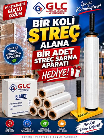 6 Adet (1 Koli) 17 Mikron 300 mt Palet Streç Film Alımına 1 Adet streç Sarma Aparatı Hediye