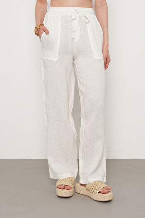 KADIN %100 KETEN CEP DETAYLI BOL PAÇA PANTOLON