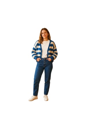 Lacivert Beyaz Çizgili Oversize Örgü Hırka
