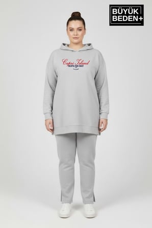 Büyük Beden Kapşonlu Capri İsland Baskılı Tunik ince Sweatshırt  SPR26BTK991-2