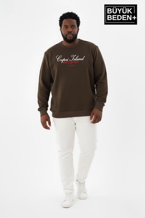 Erkek Büyük Beden Capri Island Baskılı Bisiklet Yaka ince Sweatshirt SPR26BSW956-14