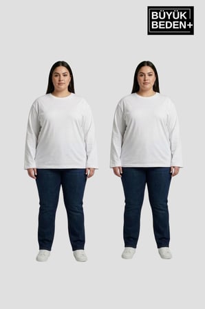 Superlife Kadın Büyük Beden 2'li Set Uzun Kollu  Bisiklet Yaka Tişört SPR26BTS942+2
