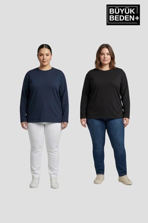 Superlife Kadın Büyük Beden 2'li Set Uzun Kollu  Bisiklet Yaka Tişört SPR26BTS942+2