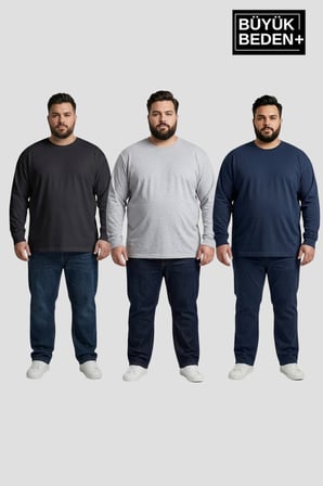 Superlife Erkek Büyük Beden 3'lü Set Uzun Kollu Bisiklet Yaka Tişört SPR26BTS942+3