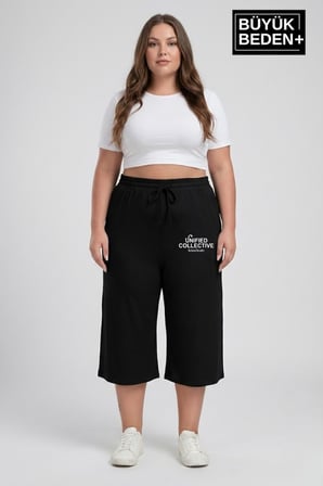 Kadın Büyük Beden Unified Collective Baskılı Beli Lastikli Bol Paça Kapri Şort 3XL-6XL SPR26BSRK591-10