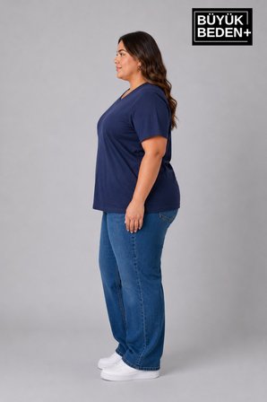 Süperlife Büyük Beden Kadın V Yaka Pamuklu Basic Tişört Lacivert 3XL-6XL SPR26BTSK509