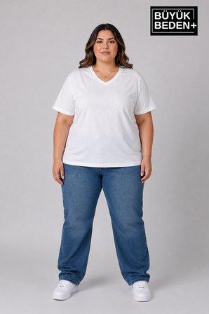 Süperlife Büyük Beden Kadın V Yaka Pamuklu Basic Tişört Lacivert 3XL-6XL SPR26BTSK509