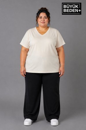Süperlife Büyük Beden Kadın V Yaka Pamuklu Basic Tişört Lacivert 3XL-6XL SPR26BTSK509