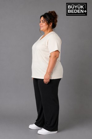 Süperlife Büyük Beden Kadın V Yaka Pamuklu Basic Tişört Lacivert 3XL-6XL SPR26BTSK509