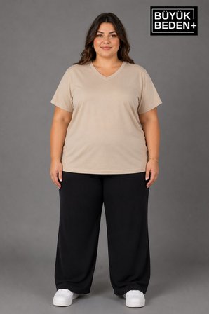 Süperlife Büyük Beden Kadın V Yaka Pamuklu Basic Tişört Lacivert 3XL-6XL SPR26BTSK509