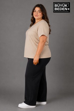 Süperlife Büyük Beden Kadın V Yaka Pamuklu Basic Tişört Lacivert 3XL-6XL SPR26BTSK509