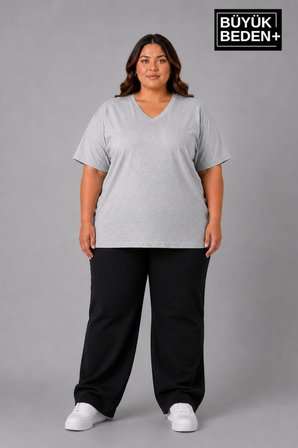 Süperlife Büyük Beden Kadın V Yaka Pamuklu Basic Tişört Lacivert 3XL-6XL SPR26BTSK509