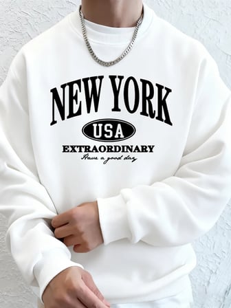 New York ABD Baskılı Erkek Tişörtü Kış Büyük Boy Kapüşonlular Hip Hop Bisiklet Yaka Polar Sıc