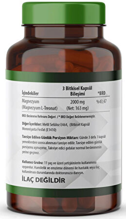 Magnezyum Magnesium L-threonate Vejeteryan 90 Bitkisel Kapsül Magnezyum L-treonat