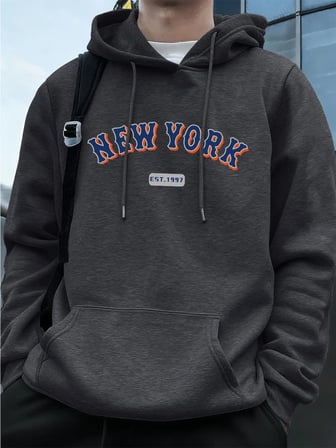 New York Letter Creative Printing Erkek Kapüşonlu Üst Sonbahar Cepli Sweatshirt Temel Polar S