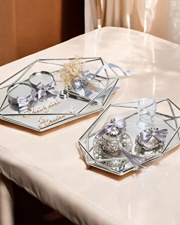 Elation Gümüş Prizma Söz Nişan Tepsisi ve Damat Kahve Fincan Tepsisi