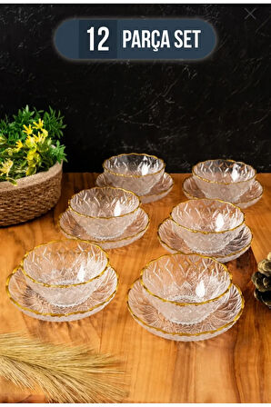 12 Parça Altın Yaldızlı Çerezlik Sütlaç Kasesi Hediyelik Çeyizlik Sunumluk Misafirlik