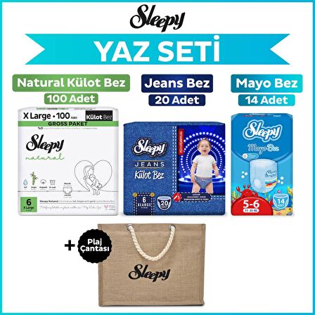 Sleepy 6 Numara Xlarge Natural Gross 100+Mayo Bez 14+Jeans Külot Bez 20+Plaj Çantası