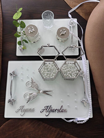 Adore Gümüş Beyaz İncili Söz Tepsisi Nişan Tepsisi ve Damat Kahve Fincan Tepsisi