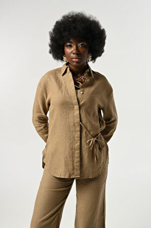 KADIN %100 KETEN ÖNÜ BAĞLAMA DETAYLI GÖMLEK