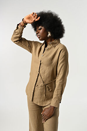 KADIN %100 KETEN ÖNÜ BAĞLAMA DETAYLI GÖMLEK