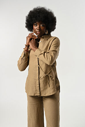 KADIN %100 KETEN ÖNÜ BAĞLAMA DETAYLI GÖMLEK