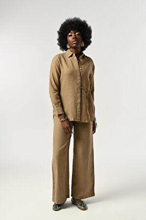 KADIN %100 KETEN ÖNÜ BAĞLAMA DETAYLI GÖMLEK