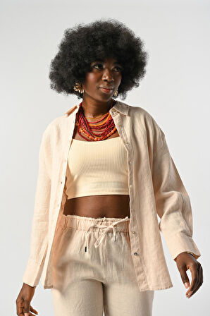 KADIN %100 KETEN ÖNÜ ŞERİT VE ARKASI DÜĞME DETAYLI GÖMLEK