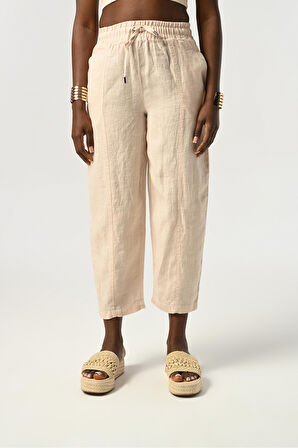 KADIN BELİ LASTİKLİ RAHAT KALIP %100 KETEN DÜZ RENK PANTOLON