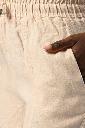 KADIN BELİ LASTİKLİ RAHAT KALIP %100 KETEN DÜZ RENK PANTOLON