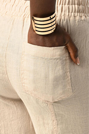 KADIN BELİ LASTİKLİ RAHAT KALIP %100 KETEN DÜZ RENK PANTOLON