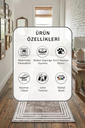 Yıkanabilir Kaymaz İnside Vizon Beyaz Dijital Baskılı Yolluk Halı Tüy Tutmaz