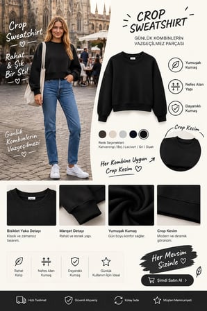 Kadın Crop Sweatshirt Bisiklet Yaka Pamuklu Yumuşak Dokulu Günlük Spor Sweatshirt
