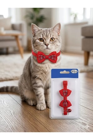Ekose detaylı kırmızı kedi papyonu çınçınlı (standart beden)