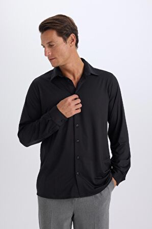 DeFacto Slim Fit Dar Kesim Polo Yaka Uzun Kollu Siyah Gömlek D4525AX24AUBK27