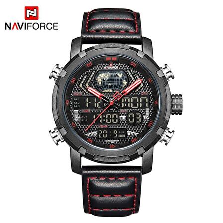 NAVİFORCE NF9160 SİYAH KAYIŞ KIRMIZI DİKİŞLİ  SPOR ERKEK KOL SAATİ