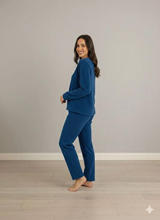 KADIN MAVİ PELUŞ PİJAMA TAKIM