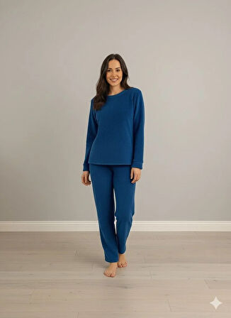 KADIN MAVİ PELUŞ PİJAMA TAKIM