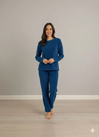 KADIN MAVİ PELUŞ PİJAMA TAKIM