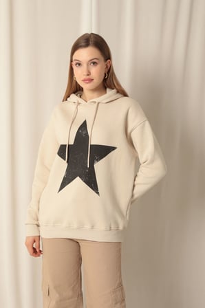 Üç İplik Yıldız Baskılı Kapüşonlu Kadın Bej Sweat