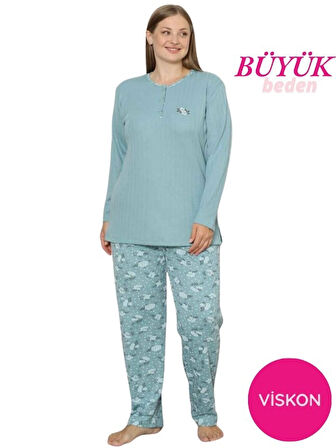 Kadın Çiçek Desen 3 Düğmeli Raporlu Kışlık Viskon Uzun Kol Pijama Takımı