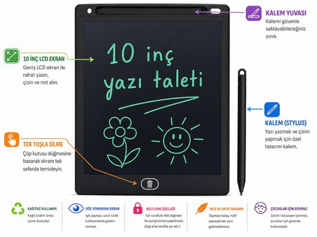 10 İnç LCD Yazı Tableti Yaz Çiz Sil Tekrar Kullan Kâğıtsız Not Almanın En Kolay Yolu