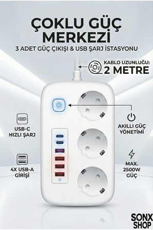 Çoklu Priz 2 METRE – 3’lü AC Priz +5 USB Çıkışı AKIM KORUMALI Alev Almayan Gövde,