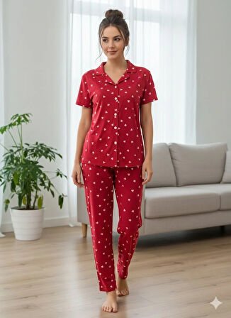 KADIN KIRMIZI DÜĞMELİ PİJAMA TAKIM