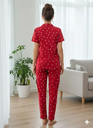 KADIN KIRMIZI DÜĞMELİ PİJAMA TAKIM