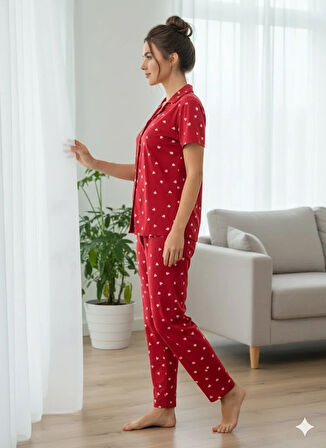 KADIN KIRMIZI DÜĞMELİ PİJAMA TAKIM