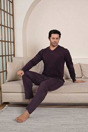 Erkek Bisiklet Yaka Düğmesiz Ekose Desen Modal Mevsimlik Uzun Kol Manşetli Cepli Pijama Takımı
